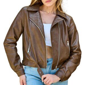 Women Dark Brown Faux Leather Cropped Slim Fit Motorcycle Jacket for Spring Fall